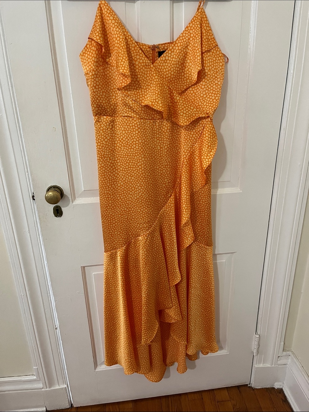 1. State Sunburst Orange Ruffle Midi Dress